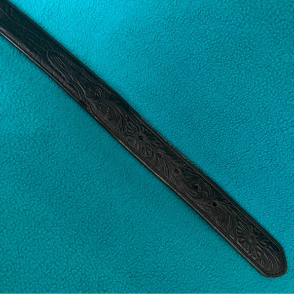 Nocona Black Tooled Leather Belt with Engraved Silver Buckle - Picture 5 of 10